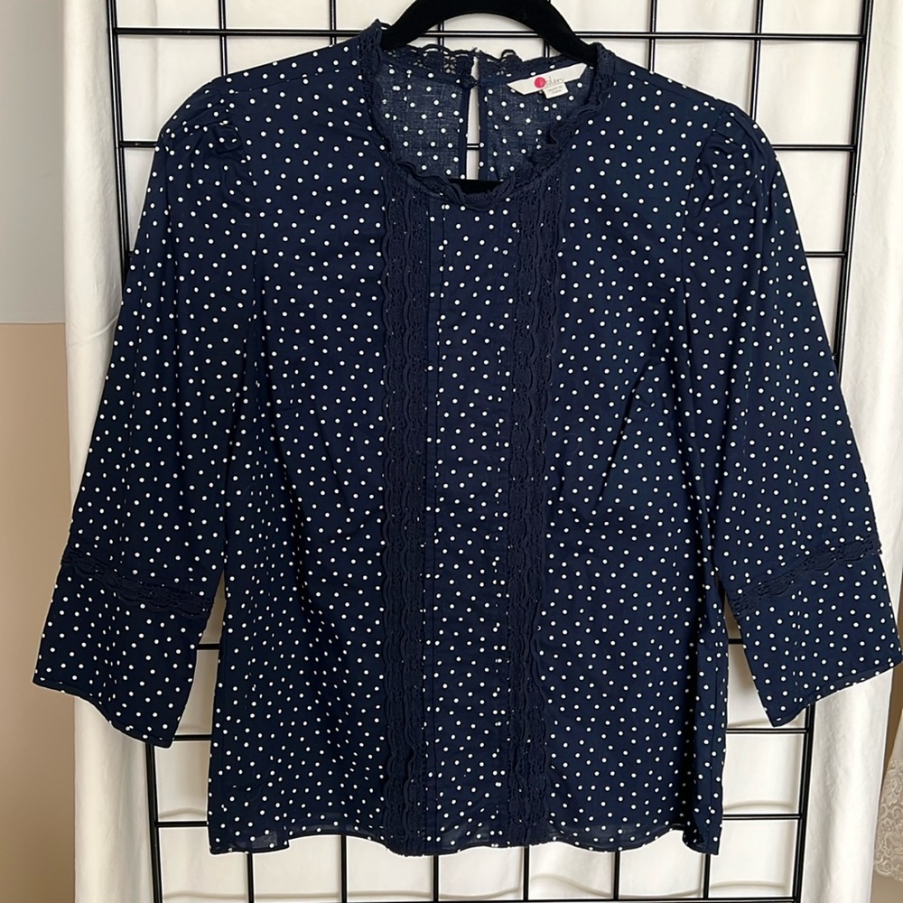 Boden Navy Blue Polka Dot Crochet Detail Top size 2